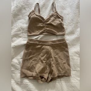 Beige knit bralette crop top and shorts